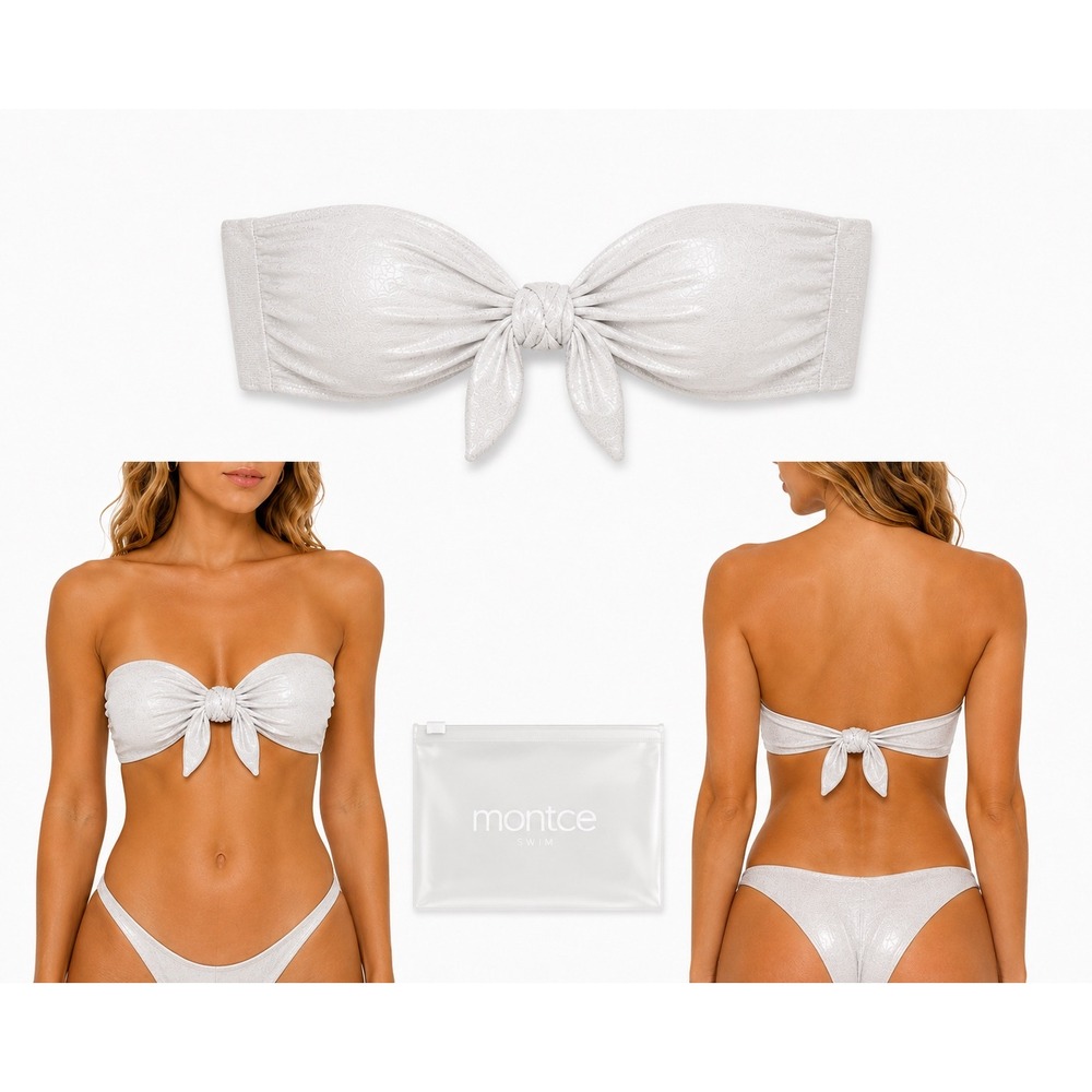 Montce Pearl Cabana Sleeveless Bikini Top Metallic Silver Bow Bandeau L NWT